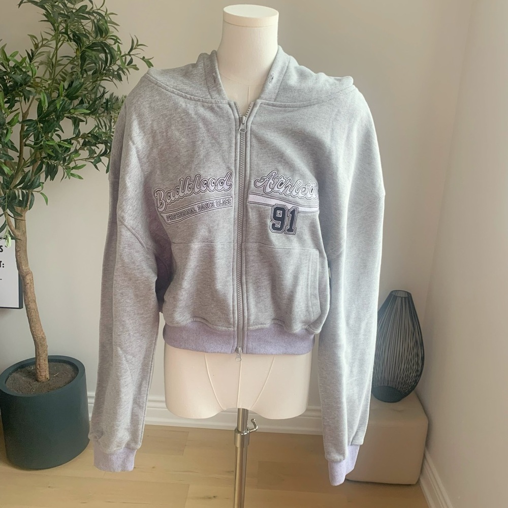 Badblood Cropped Zip Hoodie Gray Streetwear Embroidered S NWT